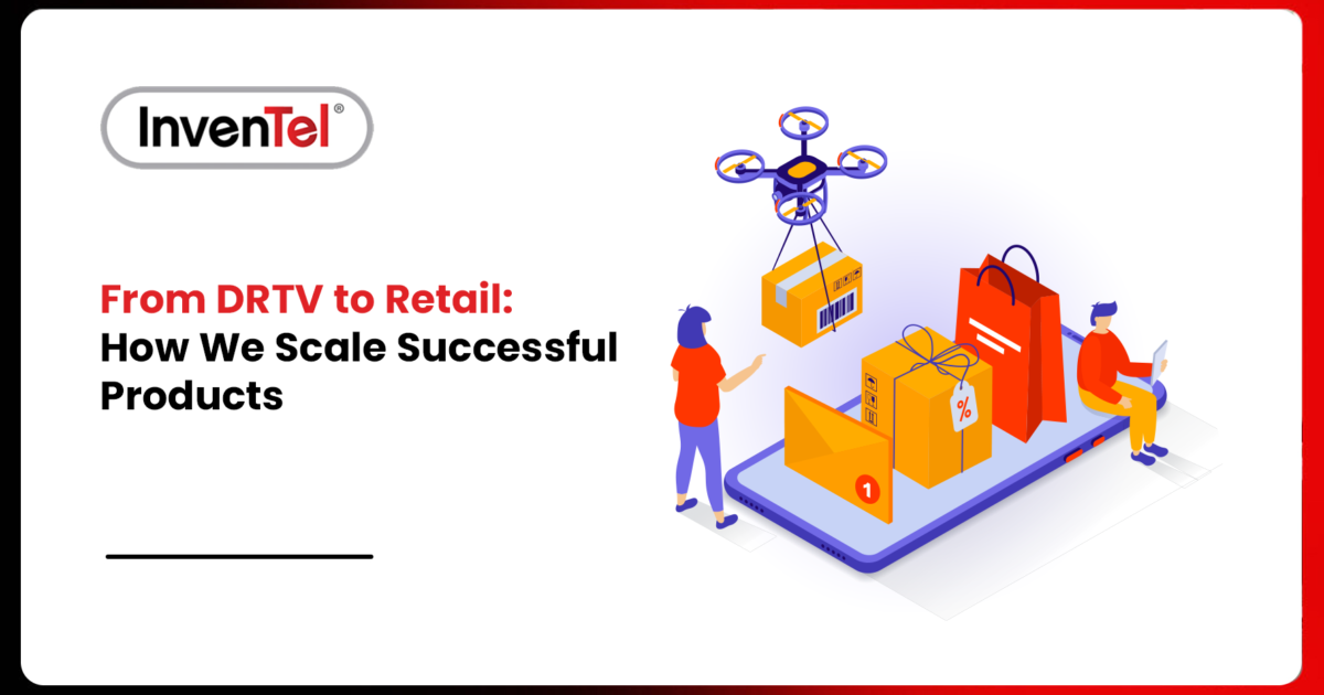 Illustration showing InvenTel scaling products from DRTV to retail, with a drone delivering packages, shopping bags, and a mobile checkout experience.