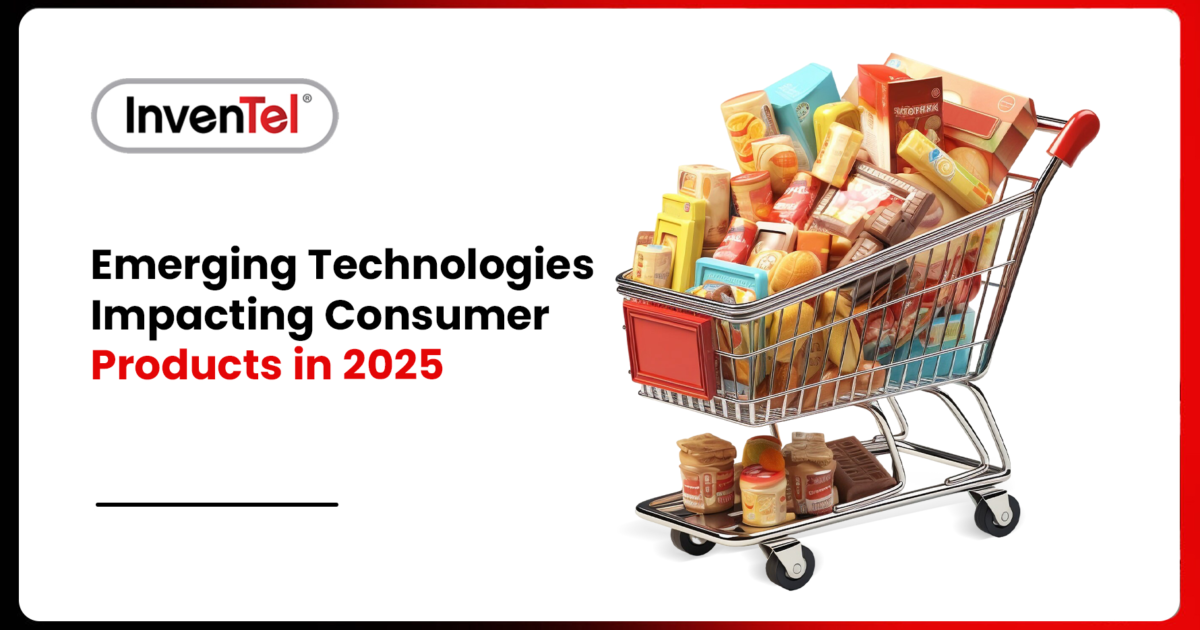 Shopping cart filled with various colorful packaged goods with a text beside it that reads "Emerging Technologies Impacting Consumer Products in 2025"