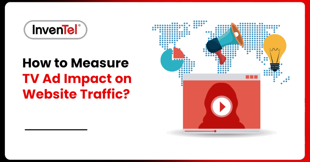 A red tv screen icon with play button and loudspeaker, bulb and a pie chart icon in the background. The blog banner title reads "how to measure tv ad impact on website traffic?"