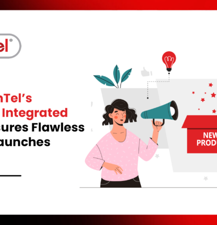 Inventel graphic showing how its vertically integrated model ensures flawless product launches with illustration of a woman holding a megaphone and a new product box