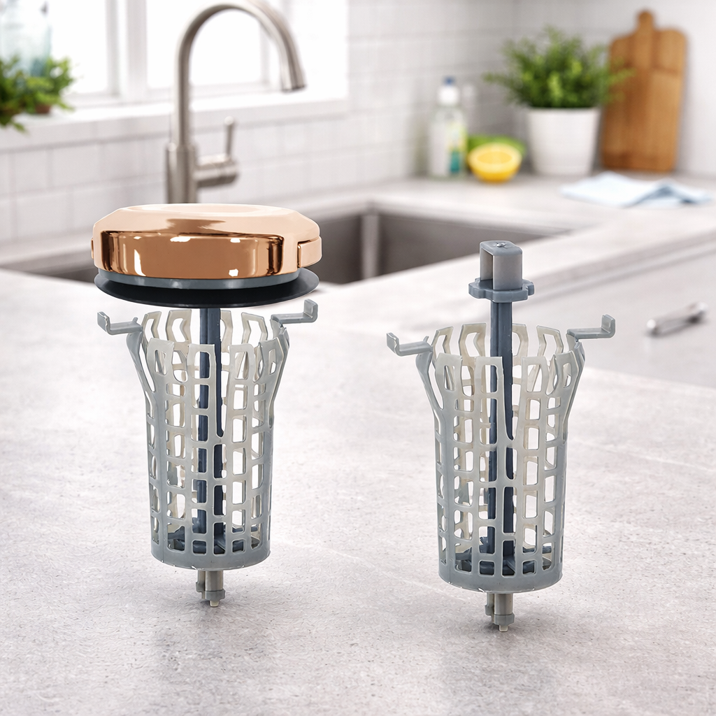 Modern sink strainers on grey counter