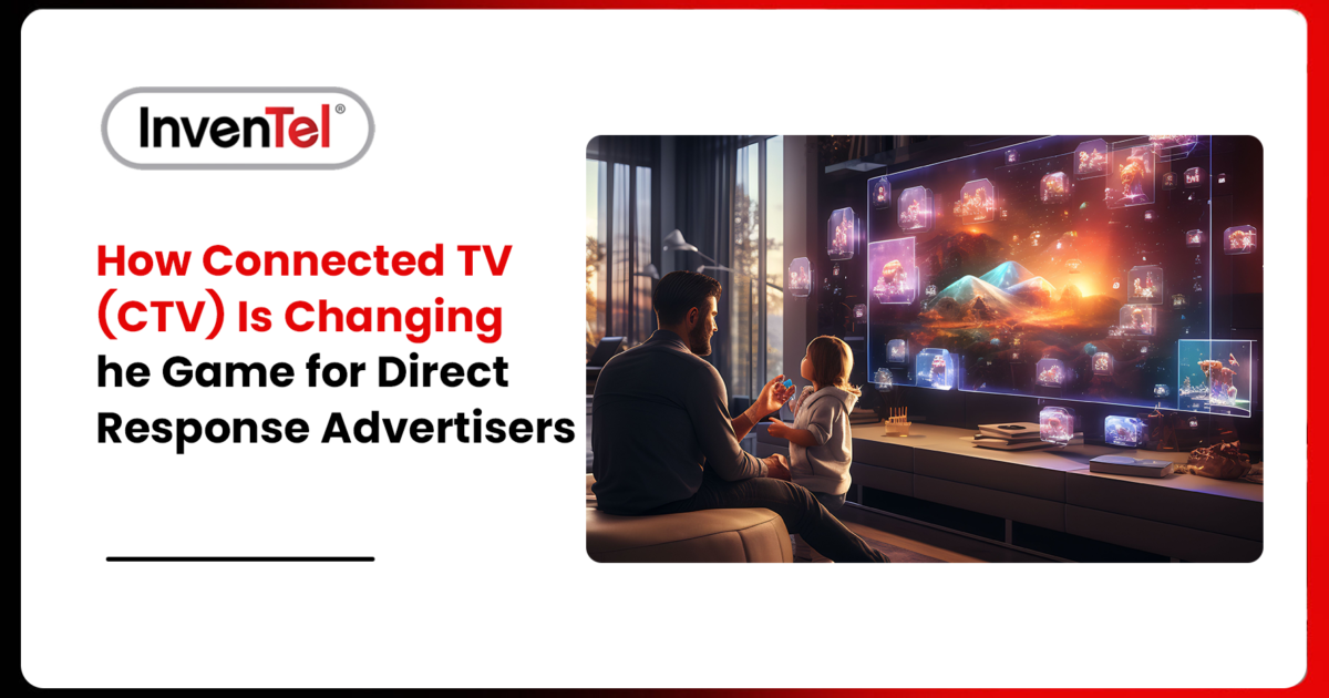Connected TV advertising campaign displayed across a smart TV and mobile device, showing audience targeting, analytics, and direct response marketing.